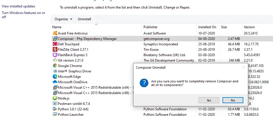 ask for uninstall composer from windows