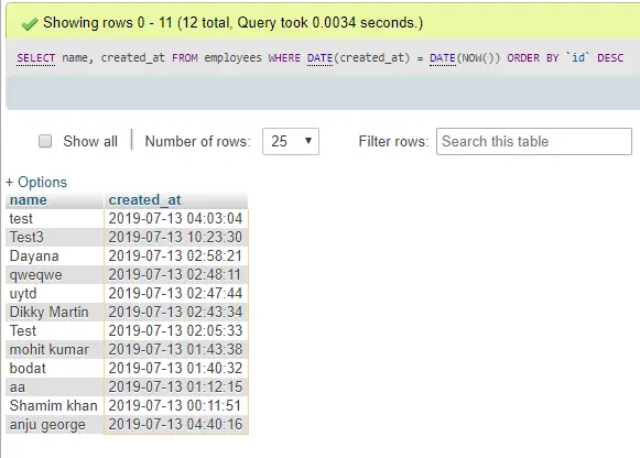 Current Date Record mysql