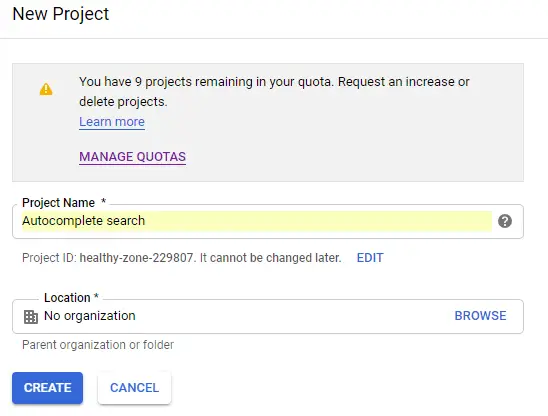 google places api key create project