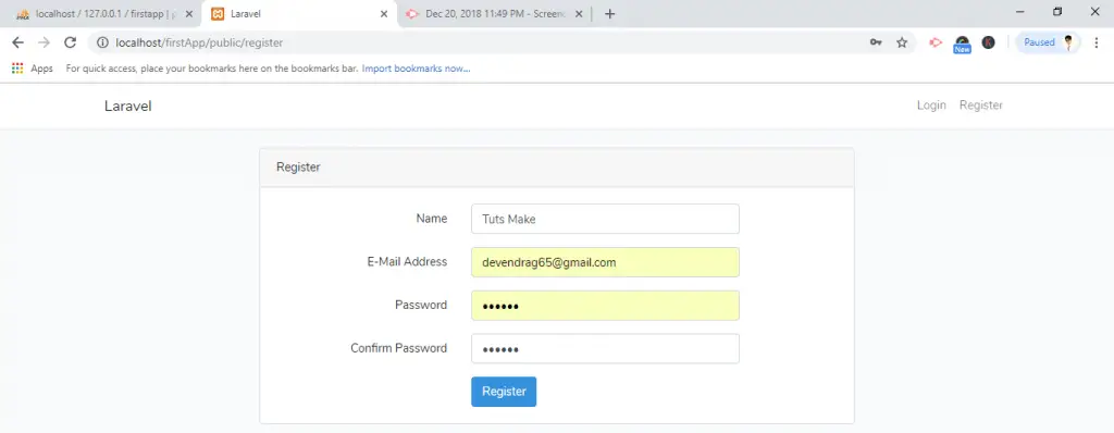laravel regirstration